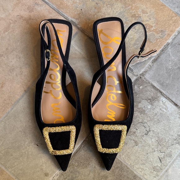 Sam Edelman Shoes - Sam Edelman Black Suede Pointed Slingback Flats with Gold Glitter Buckles